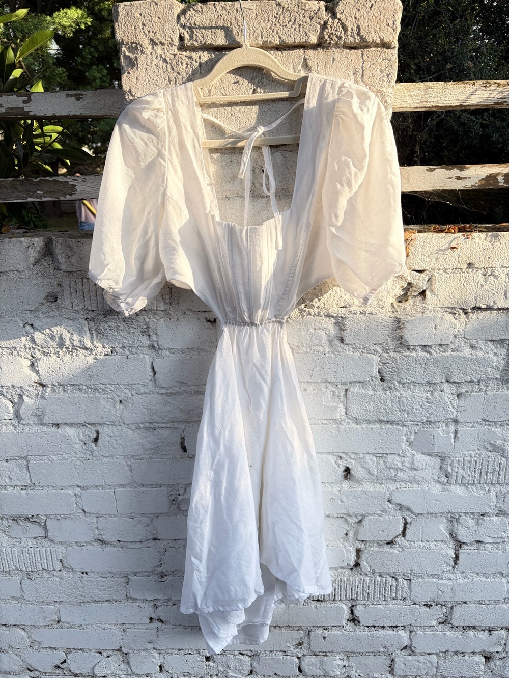 White Linen Puff-Sleeve Tie-Back Dress